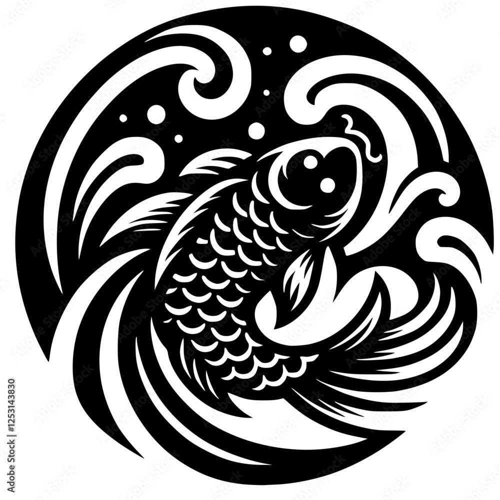 Fototapeta premium Traditional Japanese logo, black koi fish design with flowing water