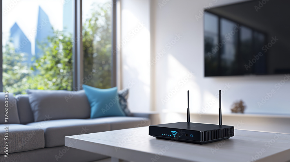 Modern wi-fi router on the table in modern living room interior, Wireless internet network technology Modern wi-fi router on the table in modern living room interior, Wireless internet network technology