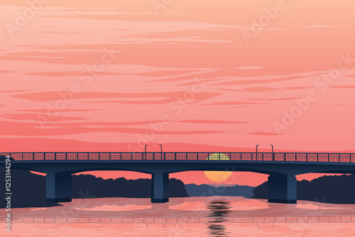Vibrant Landscape Illustration Featuring an Elegant Modern Bridge, Peaceful Waters, and a Stunning Sunset Glow Across the Horizon.