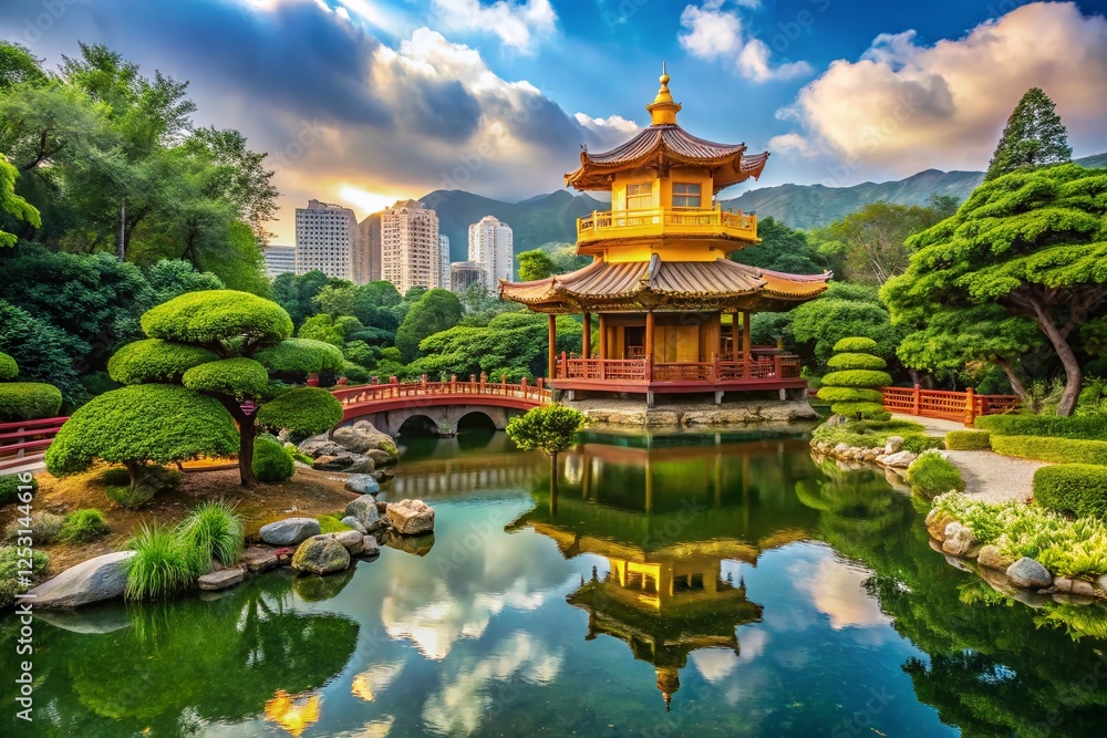 Serene Nan Lian Garden, Hong Kong: Tranquil Pond & Pagoda - Stock Photo Serene Nan Lian Garden, Hong Kong: Tranquil Pond & Pagoda - Stock Photo