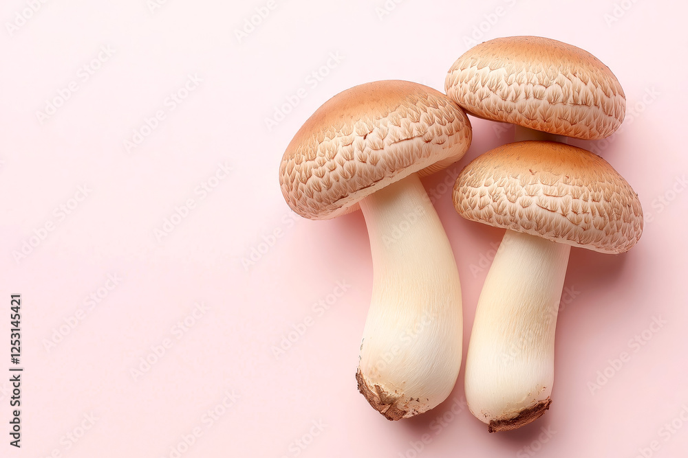 Fresh mushrooms displayed on a light pink background with copy space showcasing their distinct textures and colors in a simple arrangement Fresh mushrooms displayed on a light pink background with copy space showcasing their distinct textures and colors in a simple arrangement