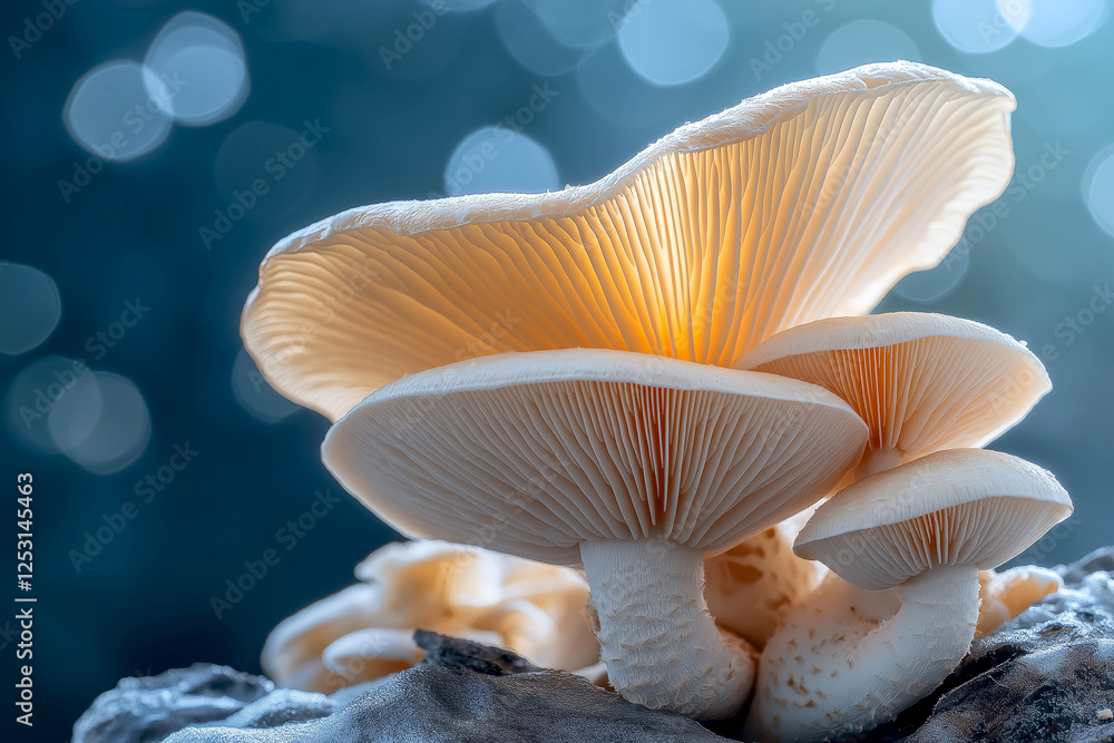Ethereal glow of mushrooms under soft lighting in a tranquil outdoor setting. Mushrooms emerge from a wooden log, illuminated by soft light. Ethereal glow of mushrooms under soft lighting in a tranquil outdoor setting. Mushrooms emerge from a wooden log, illuminated by soft light.