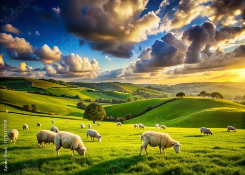 Serene Rolling Hills with Grazing Sheep: Soft Watercolor Pastoral Landscape Stock Photo