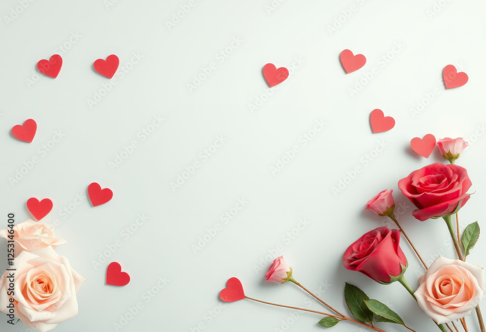 Rote Papierherzen und zarte Rosen in Rosa und Rot, arrangiert auf einem hellblauen Hintergrund – romantisch, frisch und elegant. Generative KI. Rote Papierherzen und zarte Rosen in Rosa und Rot, arrangiert auf einem hellblauen Hintergrund – romantisch, frisch und elegant. Generative KI.