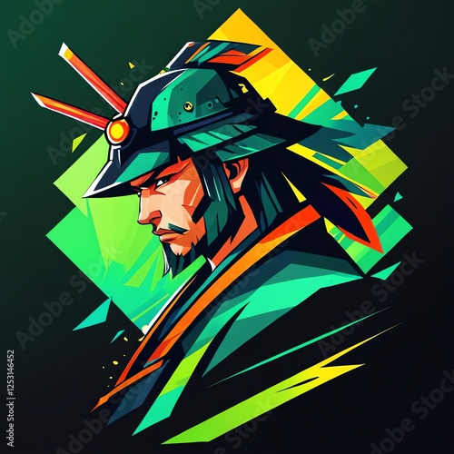 Samurai Warrior:  A vibrant digital artwork of a stern-faced samurai in dynamic, geometric style, wearing a green helmet and orange robe. photo