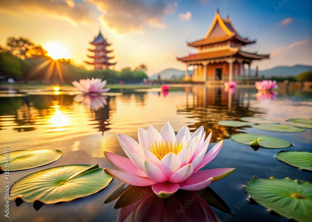 Obraz premium Serene Temple Pond: Lotus Blossoms in Ambient Light on Buddha's Birthday