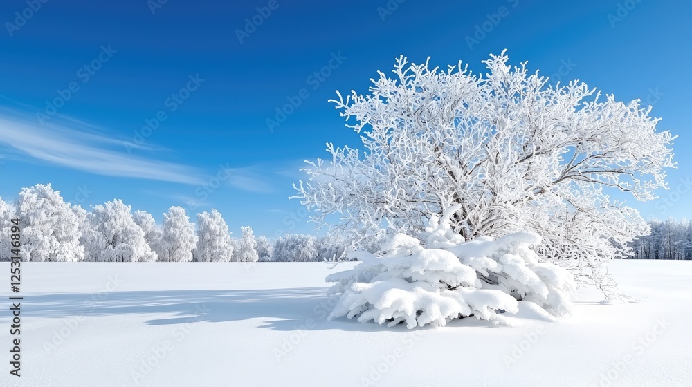 Snowy field, winter tree, blue sky, background forest. Winter landscape photo for cards Snowy field, winter tree, blue sky, background forest. Winter landscape photo for cards