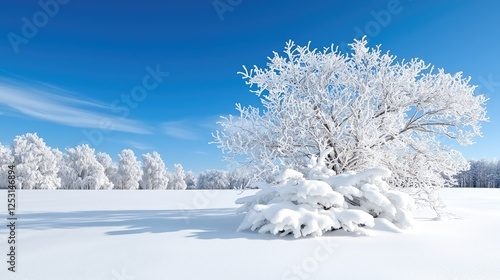Wallpaper Mural Snowy field, winter tree, blue sky, background forest. Winter landscape photo for cards Torontodigital.ca