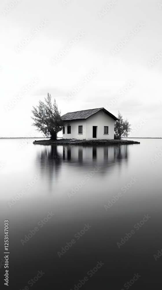 Black and white photograph of an island with trees, a house on the shore
Black and white photograph of an island with trees, a house on the shore