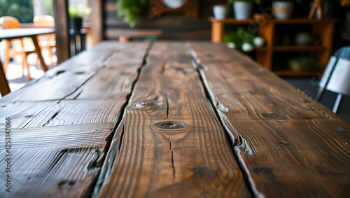 Wooden table with rustic finish in foreground photo