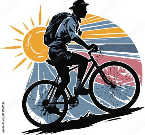A vector t-shirt design with a silhouette of a person hiking and biking