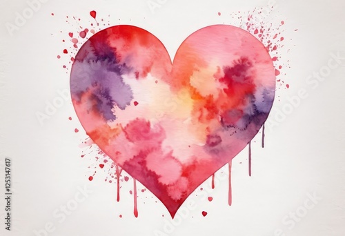 Ein großes Herz in Aquarell-Optik mit bunten Farbverläufen und Spritzern auf weißem Hintergrund – künstlerisch und emotional. Generative KI.