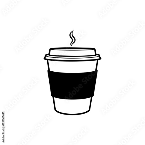 Black and white vector illustration of disposable coffee cup.