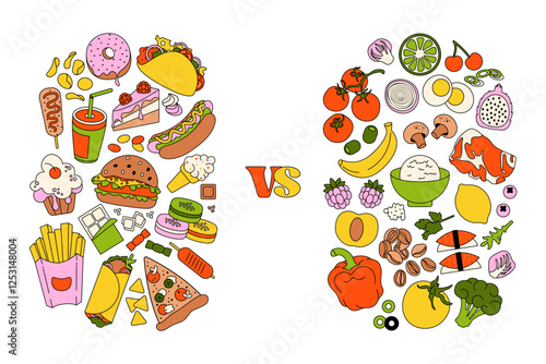 Healthy vs unhealthy food. Fastfood and sweet snacks versus balanced meal with fruits and vegetables, choice between healthy products and bad junk food. Vector cartoon illustration