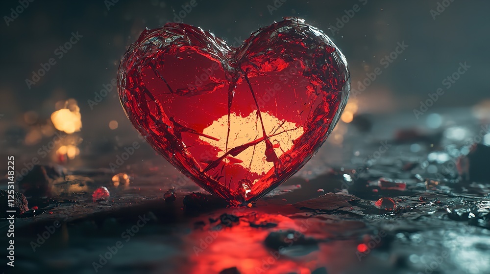 a broken heart on a dark cold background