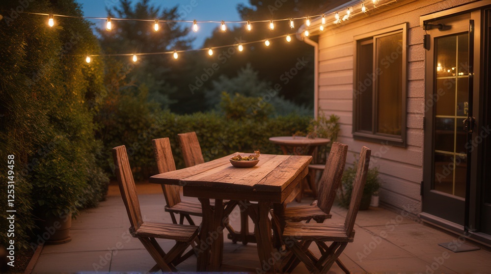 Fototapeta premium A cozy outdoor dining area illuminated by string lights, featuring a wooden table and chairs, surrounded by greenery during twilight.