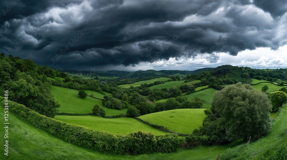 Obraz premium A breathtaking countryside landscape with rolling green hills under a dramatic stormy sky, where dark clouds contrast with the lush greenery