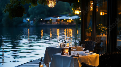 Intimate lakeside restaurant with soft light reflecting on the water, romantic atmosphere-2