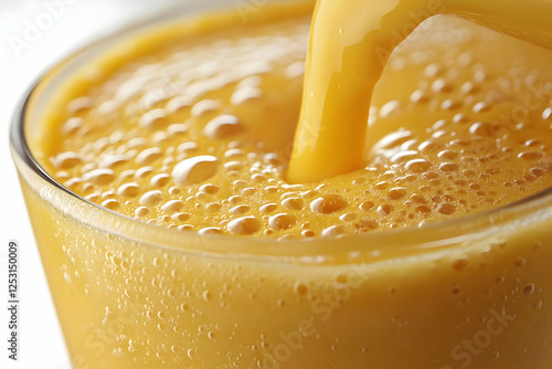 Pouring mango smoothie into glass photo