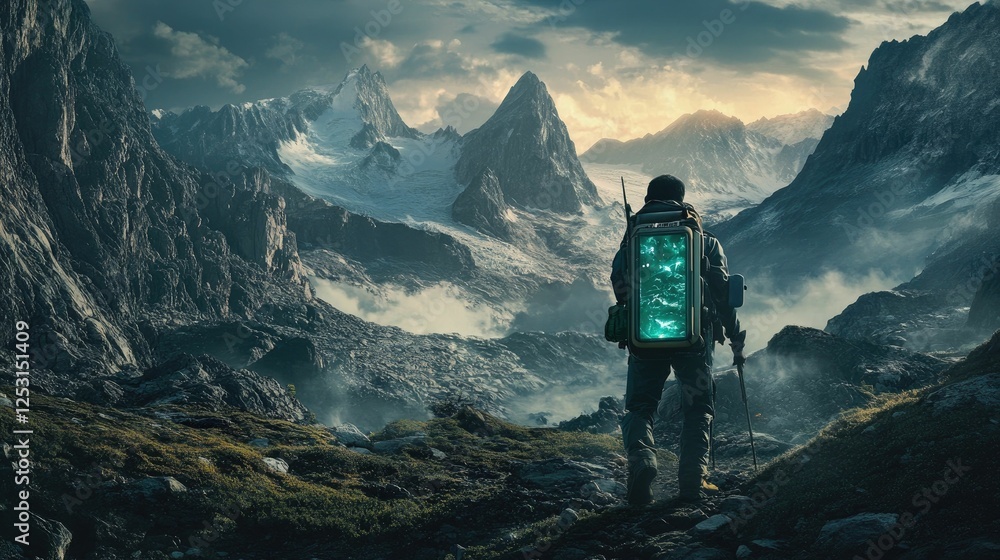Fototapeta premium Hiker with glowing backpack ascends snowy mountains.