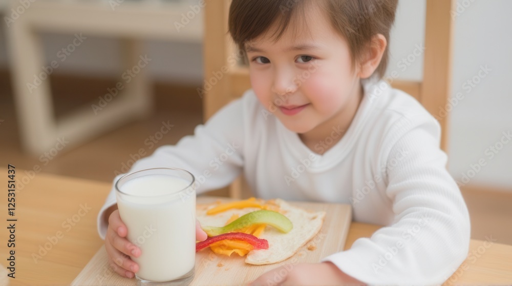 A cheerful child enjoys a healthy breakfast with fruits on a plate and a glass of milk, promoting nutritious eating habits. A cheerful child enjoys a healthy breakfast with fruits on a plate and a glass of milk, promoting nutritious eating habits.