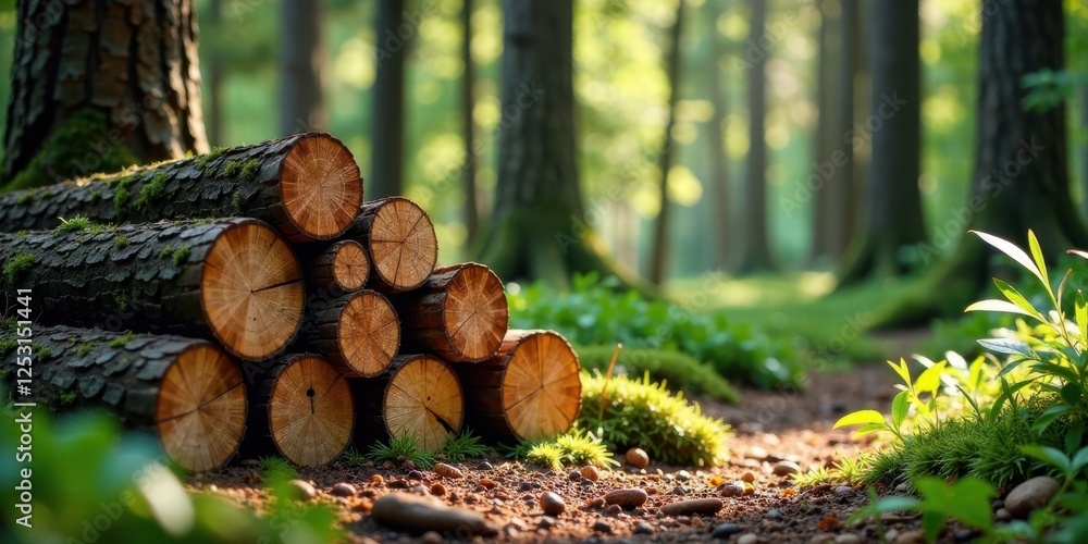 Serene Forest Path Adorned with a Stack of Mossy Logs Basking in the Gentle Sunlight