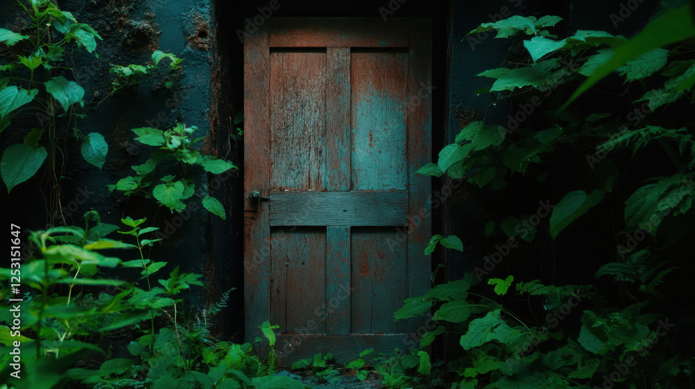 weathered wooden door surrounded by lush green foliage creates eerie and mysterious atmosphere, inviting curiosity and exploration weathered wooden door surrounded by lush green foliage creates eerie and mysterious atmosphere, inviting curiosity and exploration