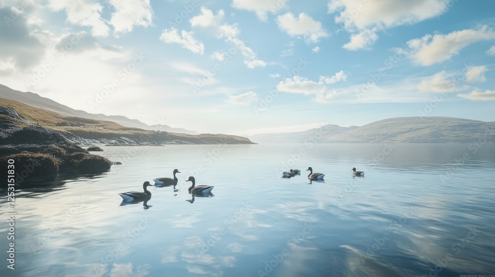 Naklejka premium A flock of geese swim in a calm lake with a scenic mountain backdrop.
