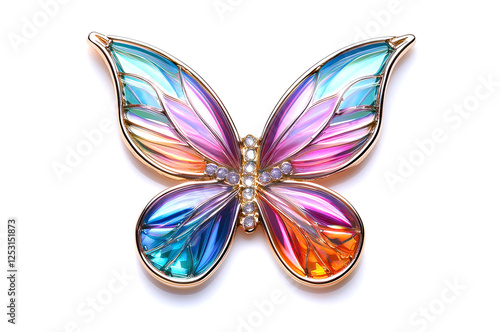 ホログラムの色の蝶のブローチ。白背景。（hologram butterfly brooch on white background.）
