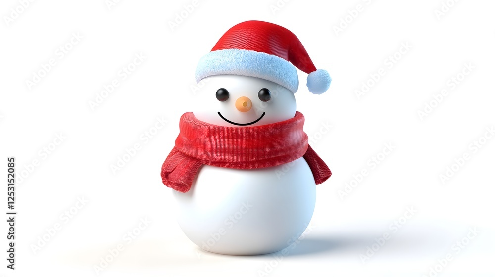 Cute Smiling Snowman in Santa Hat and Scarf on White Background Cute Smiling Snowman in Santa Hat and Scarf on White Background