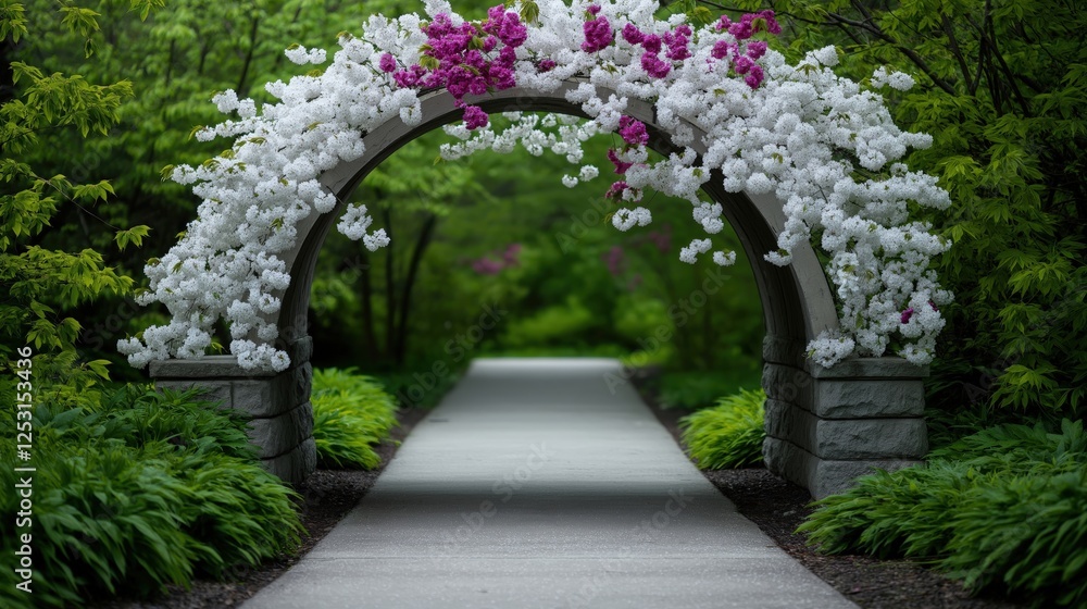 A picturesque archway adorned with white and pink cherry blossoms in a lush green garden, creating a serene and enchanting atmosphere A picturesque archway adorned with white and pink cherry blossoms in a lush green garden, creating a serene and enchanting atmosphere