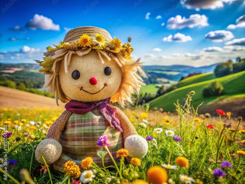 Fototapeta premium Smiling Jute Doll in Sunny Landscape: Rustic Charm Stock Photo
