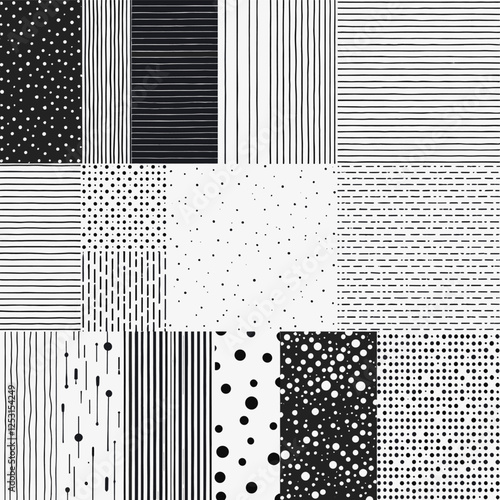 A 3x3 grid of black and white stripes, dots, and polka dots. Vector patterns, random pattern