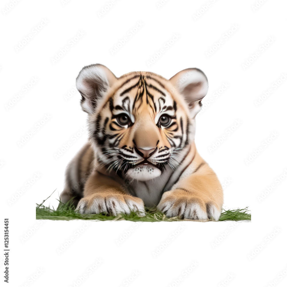 Fototapeta premium Adorable Tiger Cub Lying in Grass