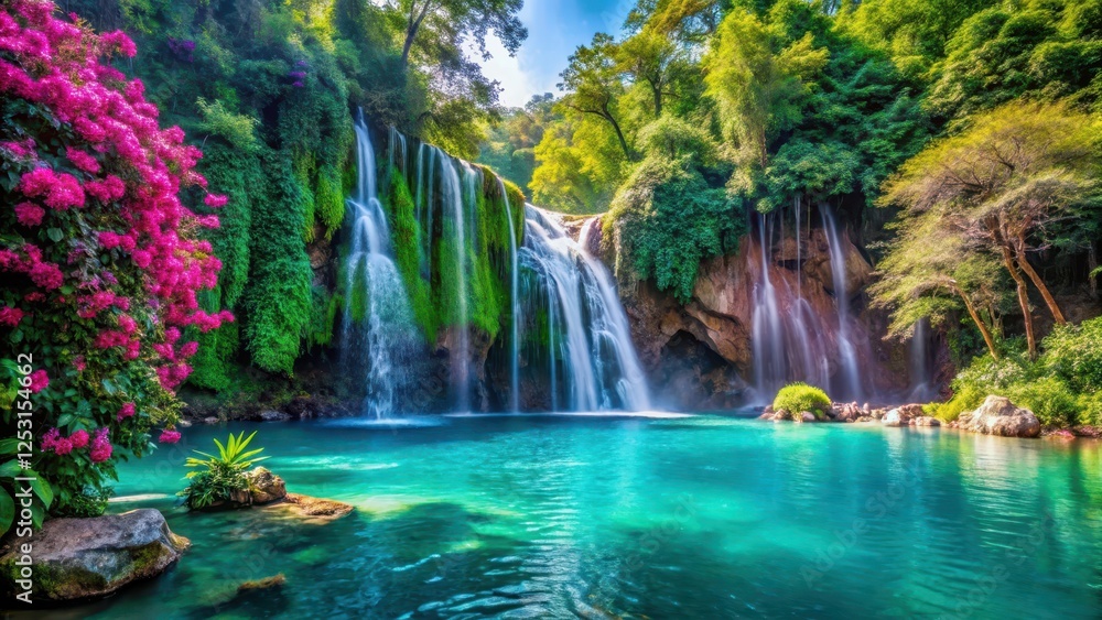 Fototapeta premium dense foliage covered waterfall cascade down rocky cliffs into crystal clear turquoise lake surrounded by lush greenery and vibrant exotic flowers, wilderness exploration, forest waterfall