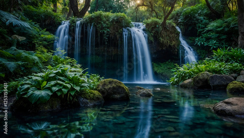 Enchanted waterfall in a serene garden.