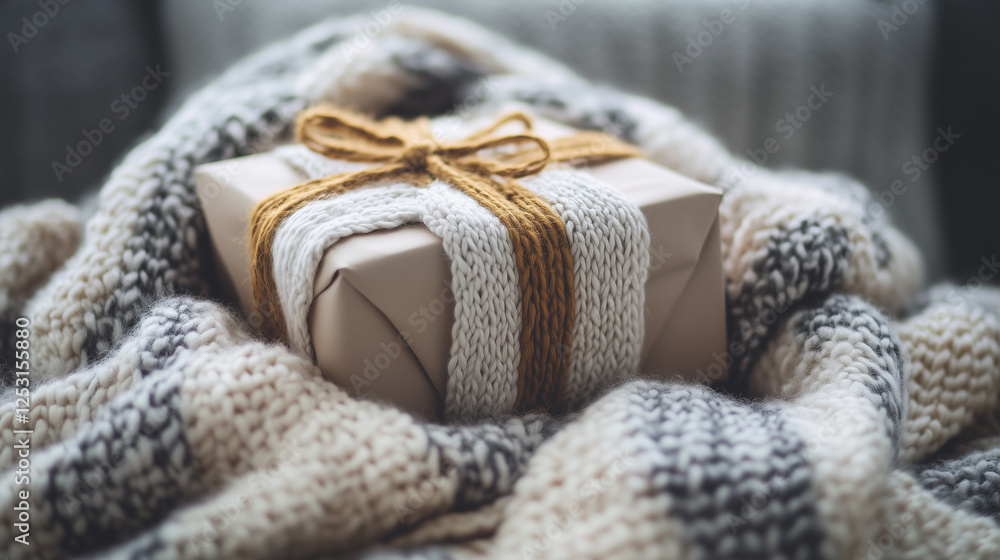 Fototapeta premium Soft embrace symbolized by intertwined cozy blankets and a gift box resting gently-3