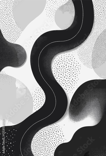 Curved lines and dots in various shades of gray and black, creating a sense of movement and dynamism. Vector patterns, random pattern