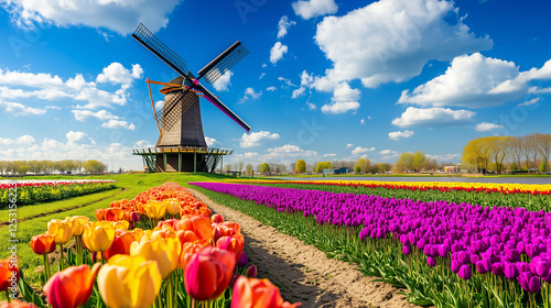 Traditional Dutch Windmill Amidst Vibrant Tulip Fields Under a Blue Sky