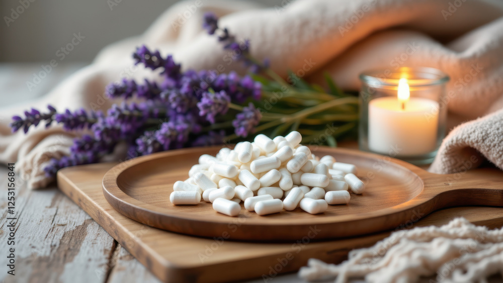 Magnesium Glycinate Supplement Serving in Dosage Bowl with Lavender Aromatherapy Background. Magnesium Glycinate Supplement Serving in Dosage Bowl with Lavender Aromatherapy Background.