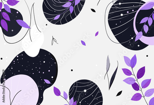Various shapes and designs, including circles, leaves, and lines, all set against a white background. Vector patterns, random pattern