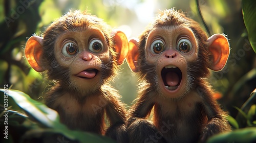 Fototapeta Naklejka Na Ścianę i Meble -  A charming animal caricature of playful monkeys in comical scenarios, their mischievous antics brought to life in amusing 4k resolution 