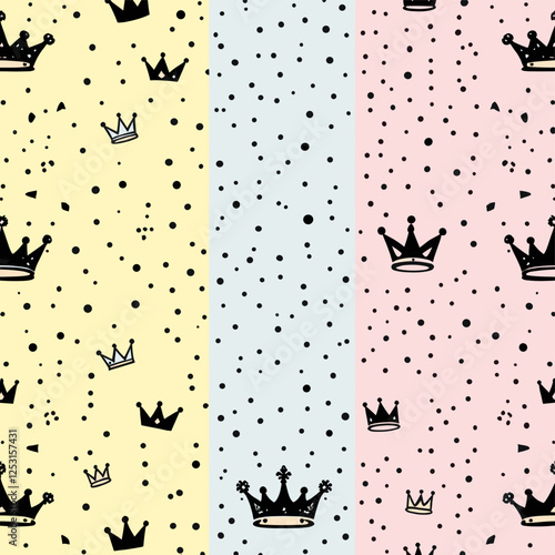 Three vertical stripes, each with a row of black crowns and dots. Vector patterns, random pattern