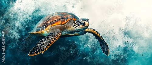 Colorful Digital Drawing Of A Sea Turtle Swimming Gracefully Through Water With Artistic Splashes And Textures. photo