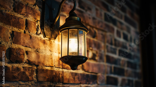 Vintage Lantern on Rustic Brick Wall with Warm Glowing Light