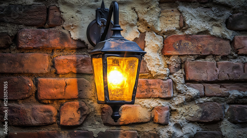 Vintage Lantern on Rustic Brick Wall with Warm Glowing Light