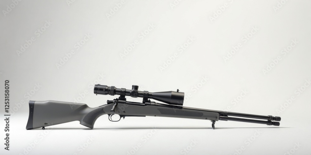 A sophisticated hunting rifle with a telescopic sight, rests on a neutral background. Its sleek design and matte finish suggest precision and power. A sophisticated hunting rifle with a telescopic sight, rests on a neutral background. Its sleek design and matte finish suggest precision and power.