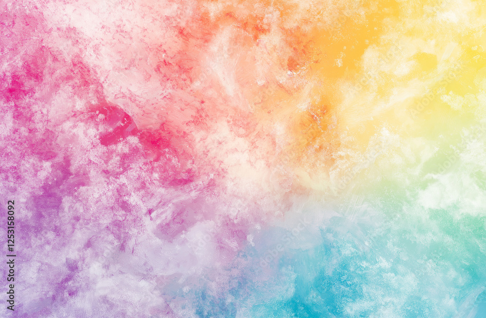Obraz premium Soft pastel background featuring a vibrant tie-dye explosion radiating from the center, with flowing shades of pink, blue, yellow, green, orange, and lavender, creating a dynamic and colorful abstract