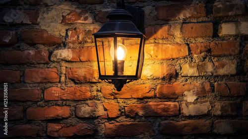 Vintage Lantern on Rustic Brick Wall with Warm Glowing Light