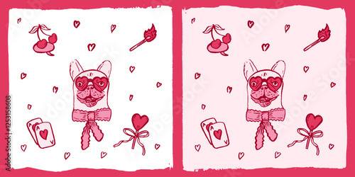 Valentines Day brush Illustration red and pink, doodle French bulldog wearing heart glasses